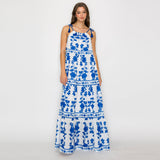 Blue Leaves Print Maxi Halter Dress