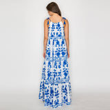 Blue Leaves Print Maxi Halter Dress