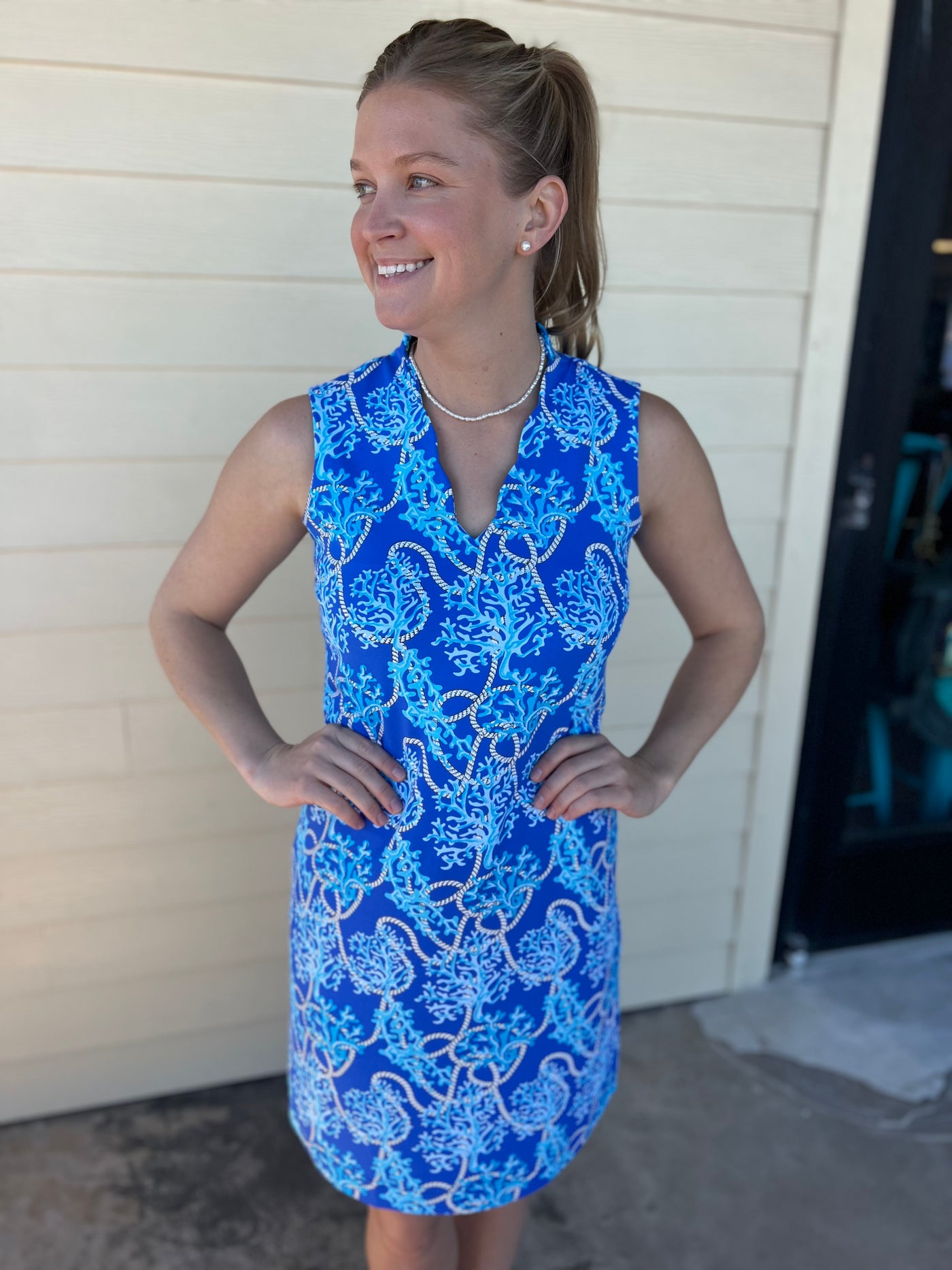 Blue Rope Scallop Neck Sleeveless Dress