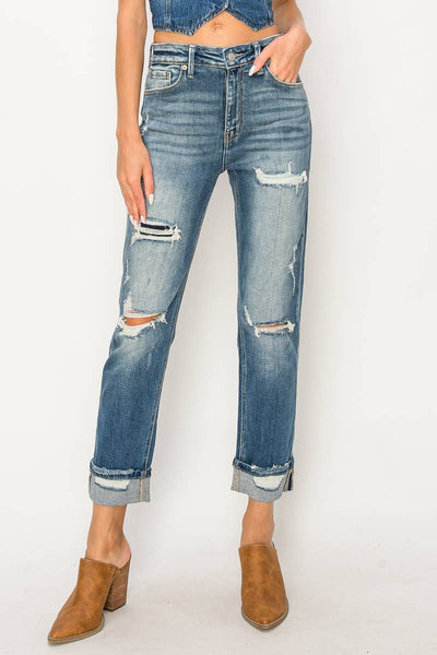 HIGH RISE STRETCH STRAIGHT WITH SINGLE CUFF JEANS: 1 (24)