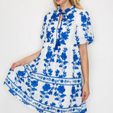 Blue Leaves Print Mini Dress