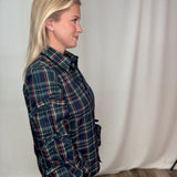 Bow Accent Puff Sleeve Collared Neck Plaid Shirt