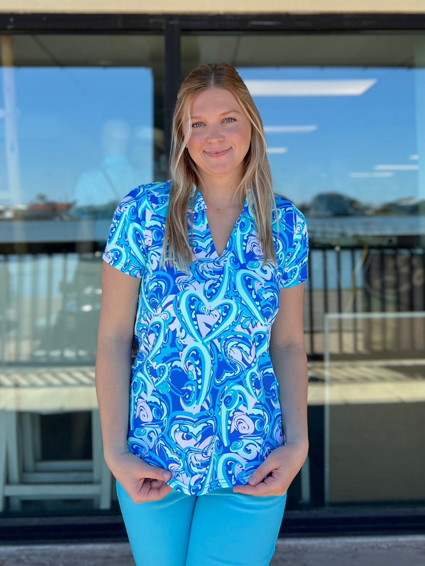 Blue Pattern Short Sleeve Collar Top