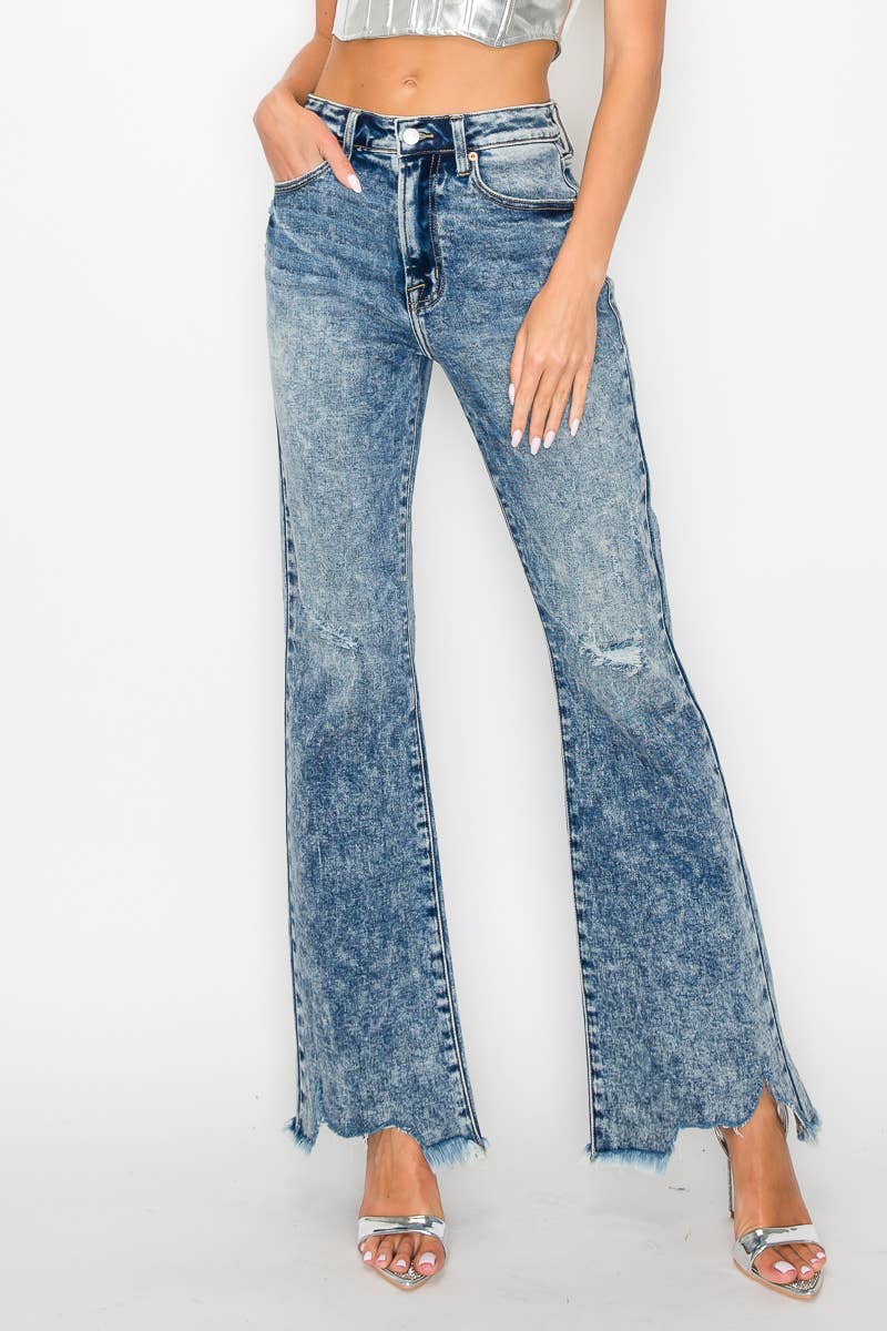 HIGH RISE STRETCH FLARE WITH DISTRESSED FRAYED HEM JEANS: 3(25)