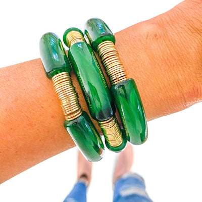 Green & White Marble Tube Bamboo Bracelet: Green Marble-Gold Discs