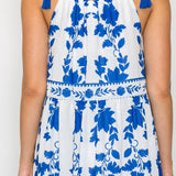 Blue Leaves Print Maxi Halter Dress