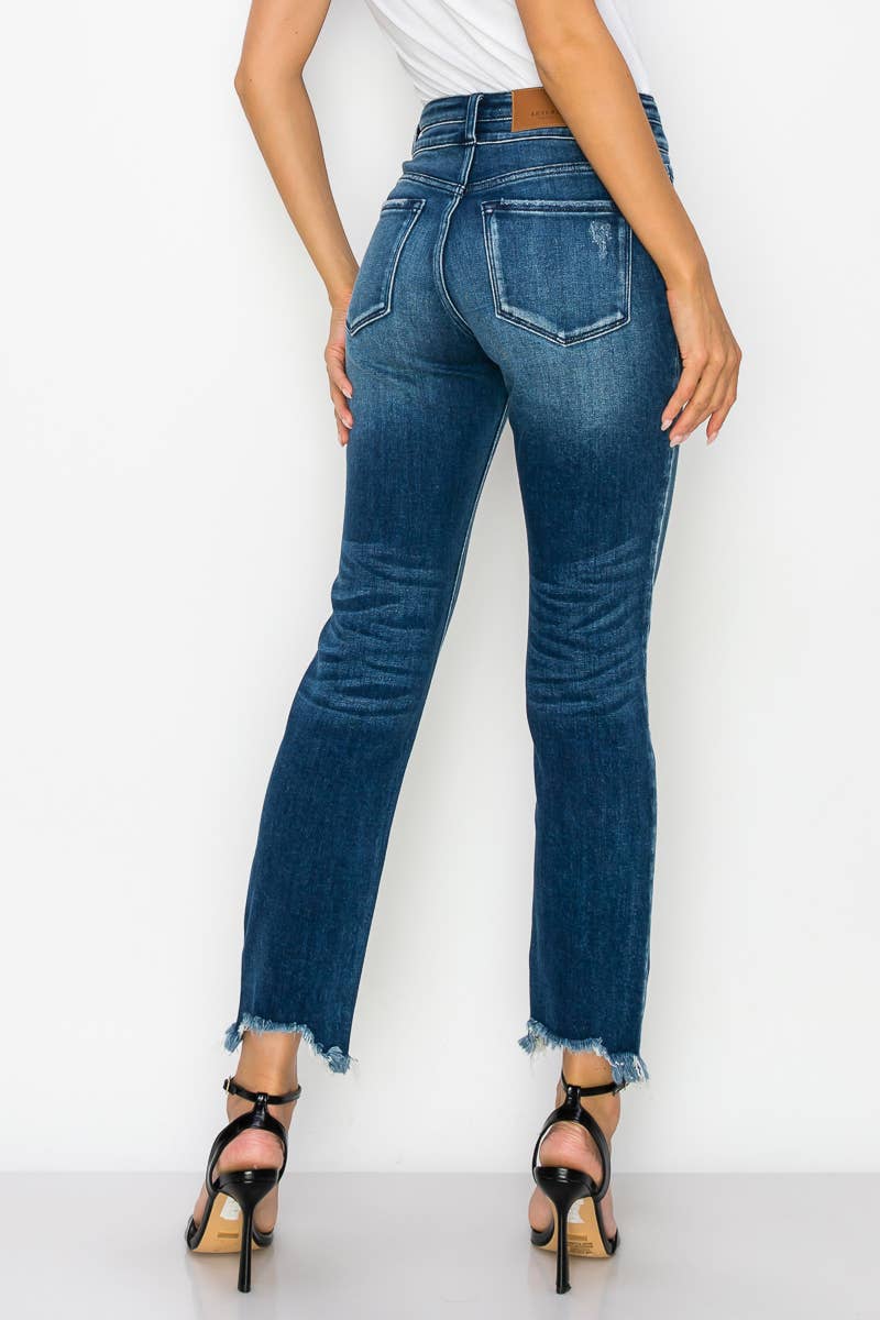 HIGH RISE DOUBLE WAIST BAND STRAIGHT RAW HEM JEANS: 13/30