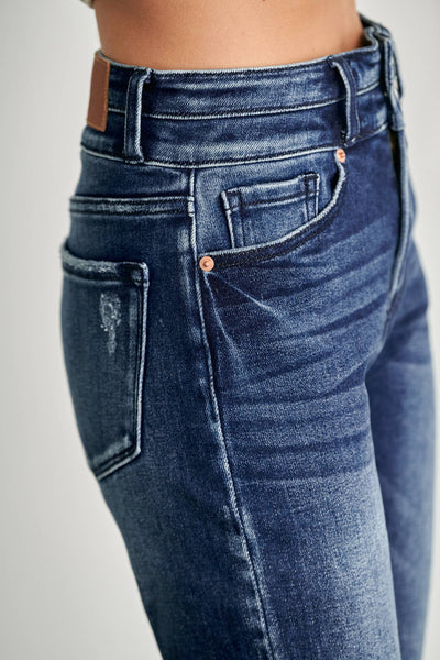 HIGH RISE DOUBLE WAIST BAND STRAIGHT RAW HEM JEANS: 13/30