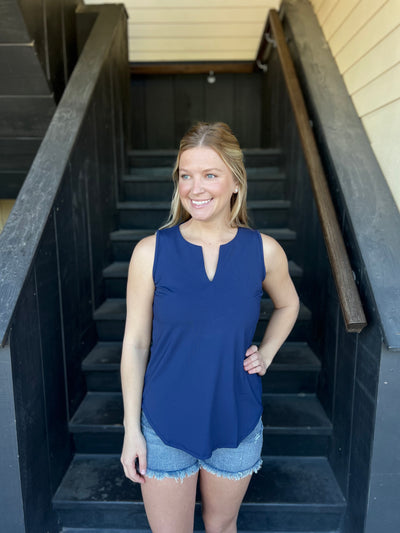 Navy Sleeveless Keyhole Top