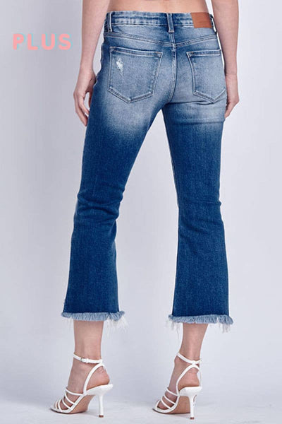 PLUS SIZE - HIGH RISE STRETCH CROP FLARE WITH FRAY HEM JEANS: 16/32
