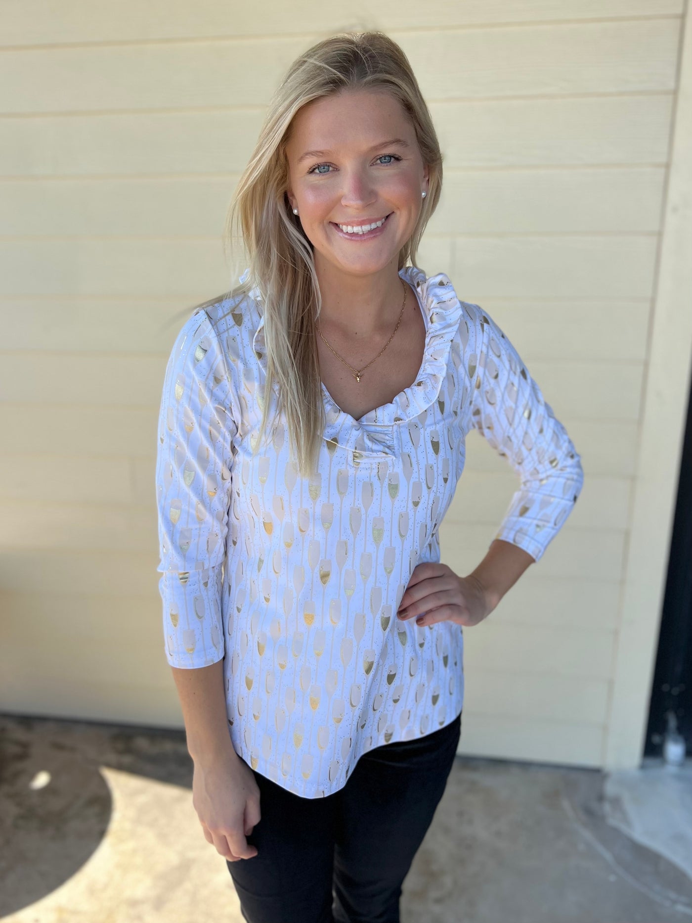 Gold Ruffled Neck 3/4 Sleeve Top