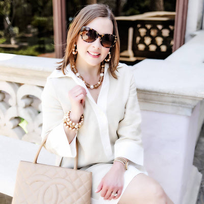 Sheridan Pearl, Wood & Gold Bead Teardrop Earrings in Ivory