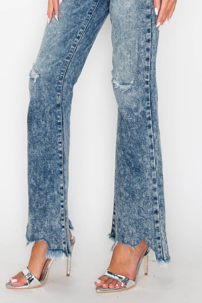 HIGH RISE STRETCH FLARE WITH DISTRESSED FRAYED HEM JEANS: 3(25)