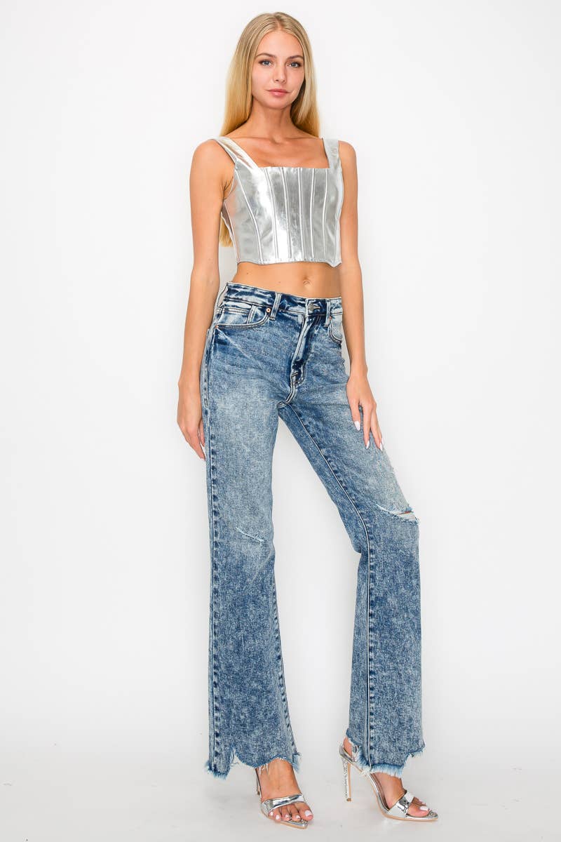 HIGH RISE STRETCH FLARE WITH DISTRESSED FRAYED HEM JEANS: 3(25)