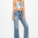 HIGH RISE STRETCH FLARE WITH DISTRESSED FRAYED HEM JEANS: 13 (30)