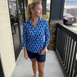 Cir Geo Blu/Emld 3/4 Slv Collar VNeck