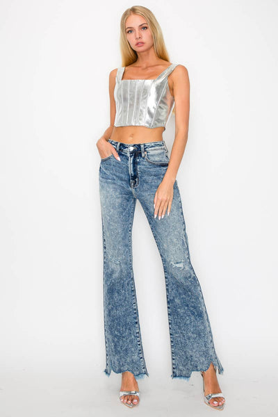 HIGH RISE STRETCH FLARE WITH DISTRESSED FRAYED HEM JEANS: 3(25)