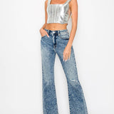 HIGH RISE STRETCH FLARE WITH DISTRESSED FRAYED HEM JEANS: 13 (30)