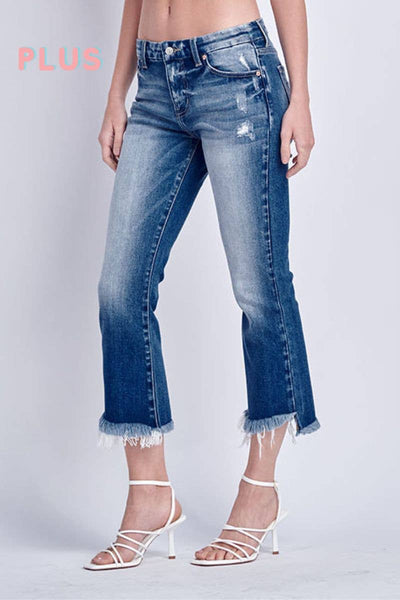 PLUS SIZE - HIGH RISE STRETCH CROP FLARE WITH FRAY HEM JEANS: 16/32