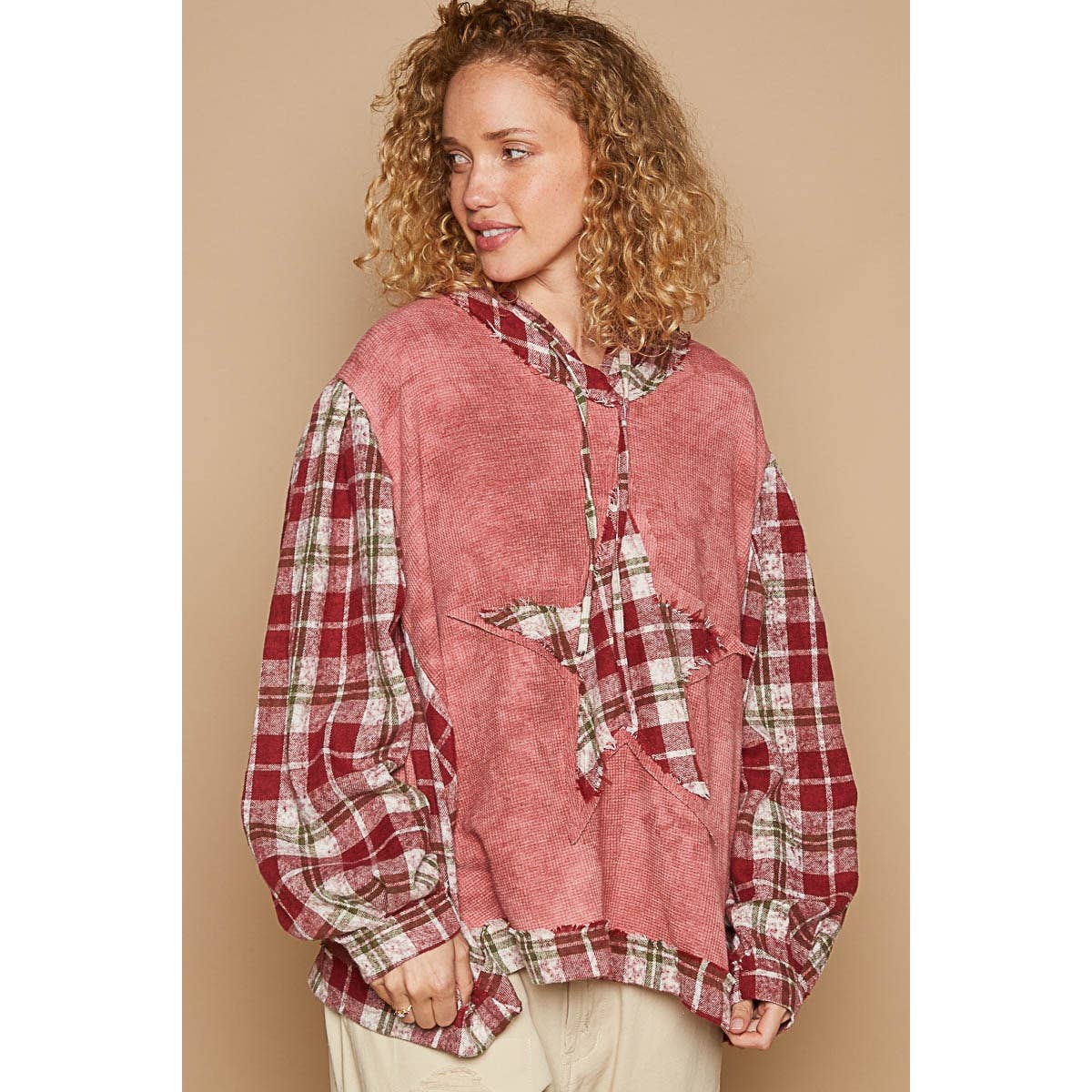 Tie dyed plaid sleeve star patch top