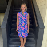 Blue and Pink Floral Sleeveless Keyhole Dress