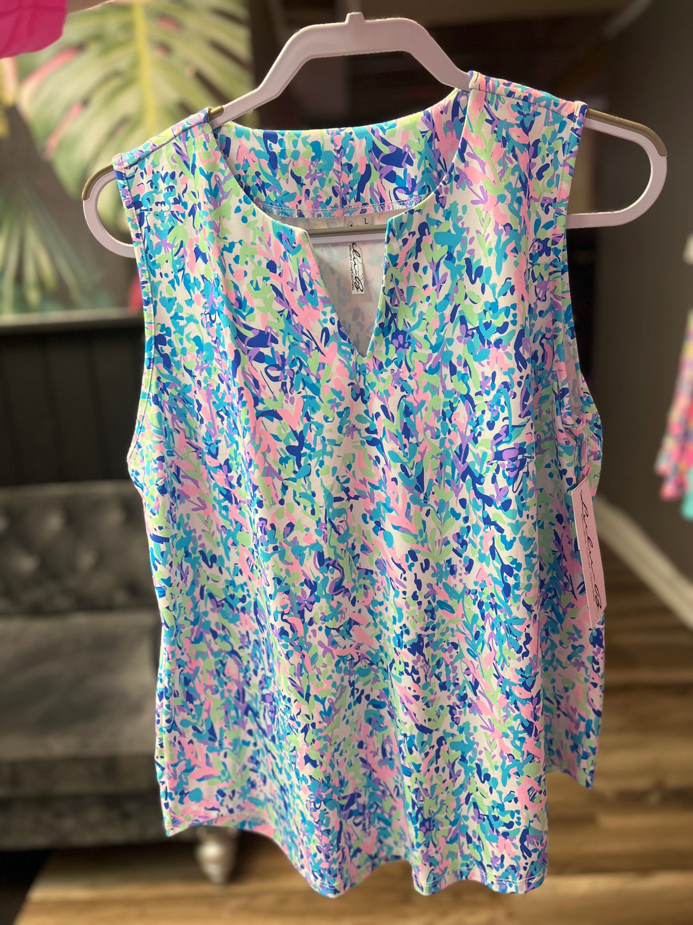 Blue Pattern Keyhole Top