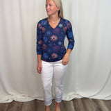 White Denim Star Embroidery Capri