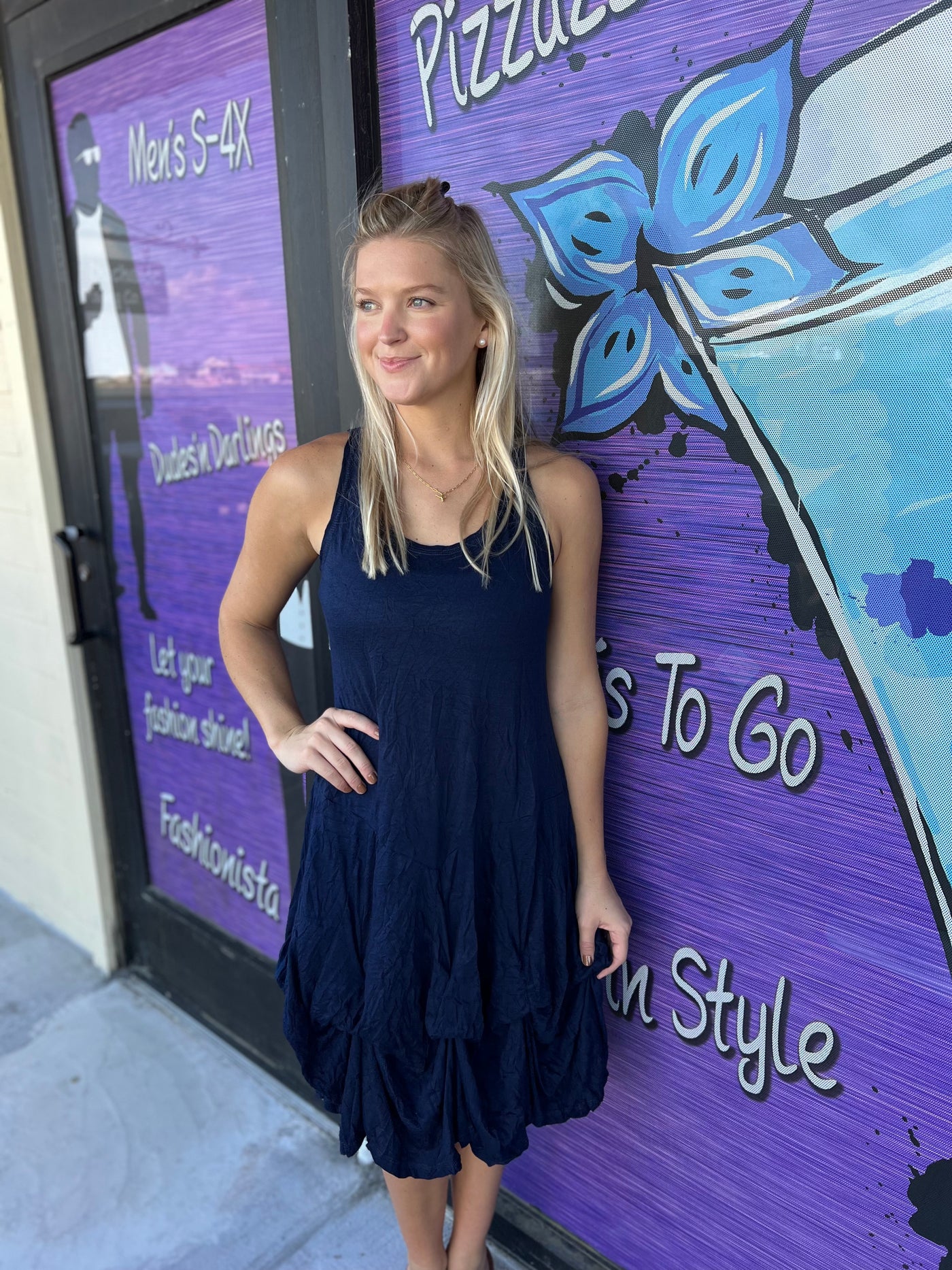 Navy Crinkle Bubble Dress