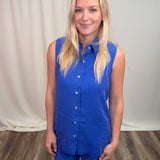 Blue Sleeveless Button Up Top