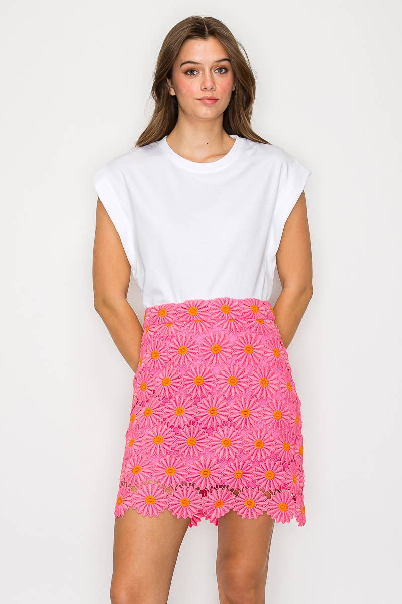 Pink Daisy Lace Mini Skirt