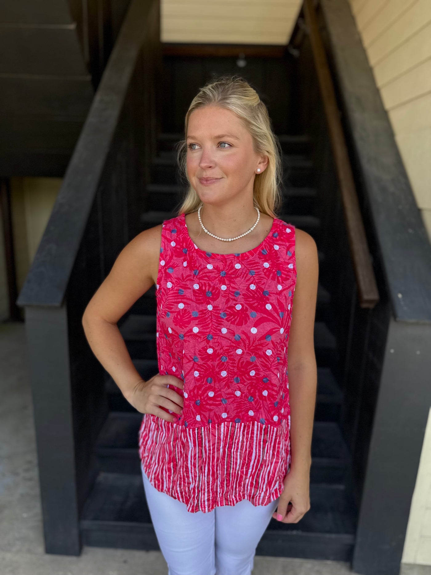Red Crinkle Dot Top