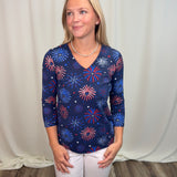 Navy Fireworks 3/4 Sleeve V-Neck Top