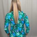 Emerald Blue Flower Ruffle 3/4 Top