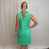 Geo Kelly/Navy Ruffle V Neck Dress