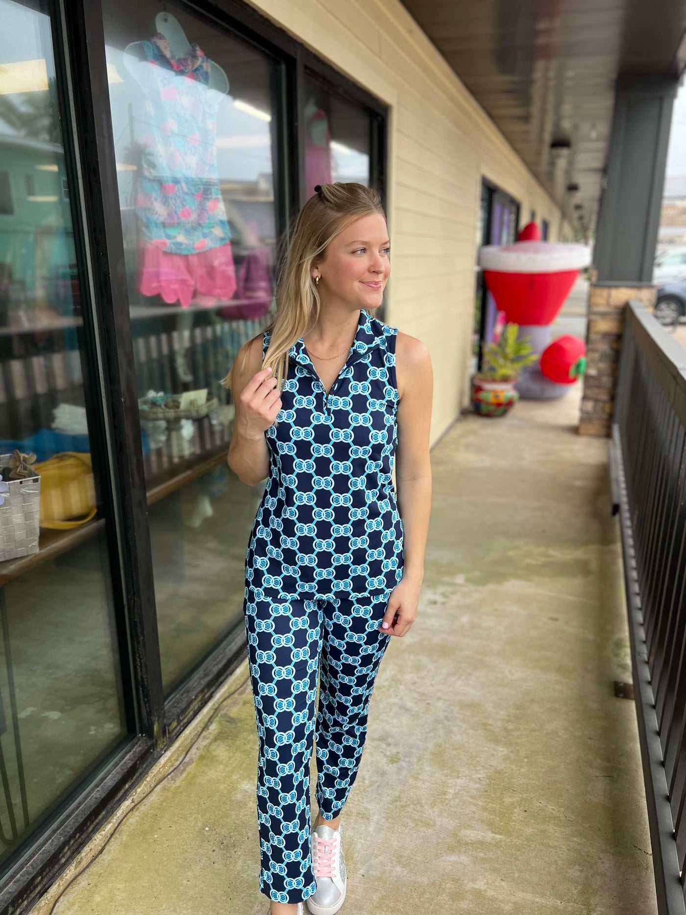 Navy and Blue Circle Zip Neck Sleeveless Top