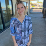 Navy Crinkle V-neck Media Top