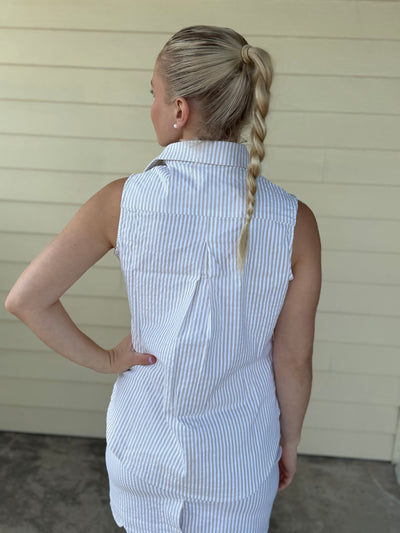 Khaki & White Stripe Button Up Top