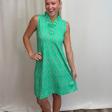 Geo Kelly/Navy Ruffle V Neck Dress