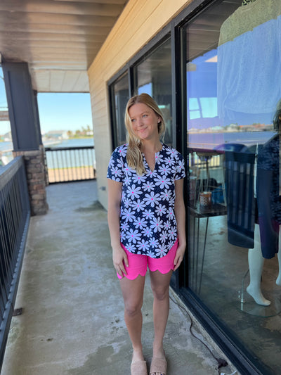 Navy Daisy Scoop Neck Top