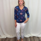 White Denim Star Embroidery Capri