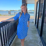 Blue Oval Collar Button Down Dress