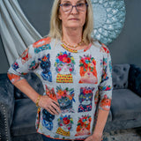 Fleece Scoop Neck Floral Cat Top