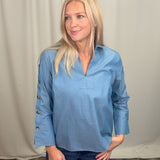 Soft Indigo Pinpoint 3/4 Button Sleeve Shirt