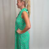 Geo Kelly/Navy Ruffle V Neck Dress