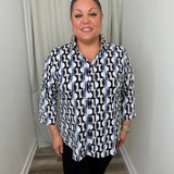 Geo Circles Navy Button Up Top