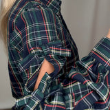 Bow Accent Puff Sleeve Collared Neck Plaid Shirt