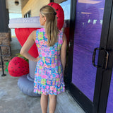 Colorful Mosaic Print with Sleeveless Ruffle Trim Bottom Dress