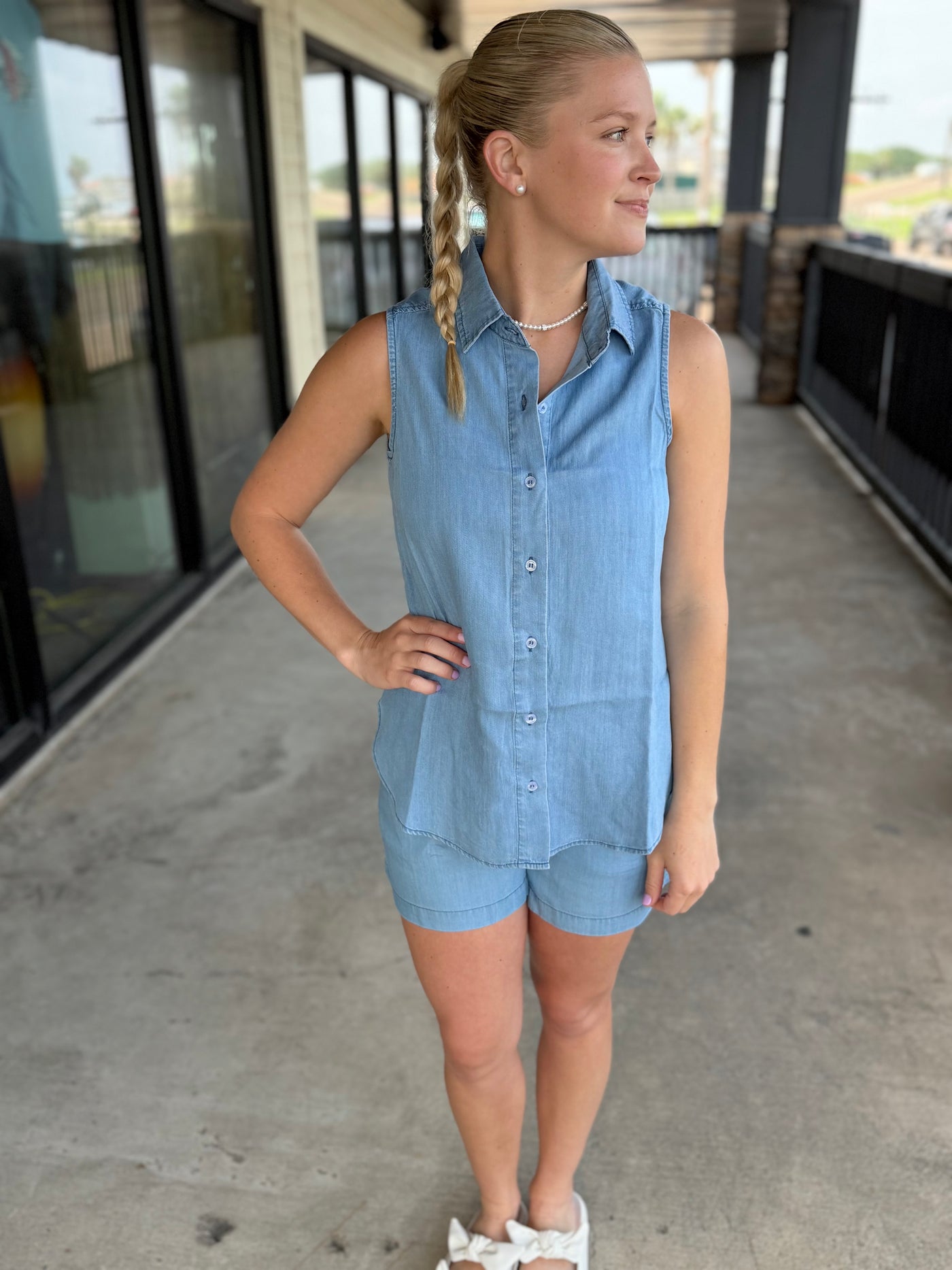 Denim Sleeveless Button Up Top
