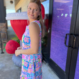 Colorful Mosaic Print with Sleeveless Ruffle Trim Bottom Dress