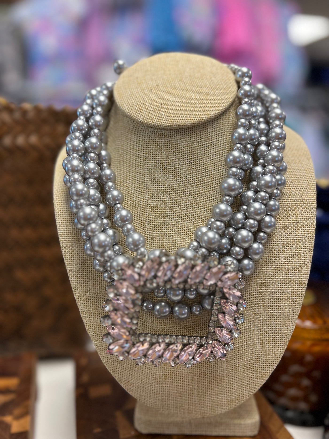 Pink Crystal Buckle Gray Pearl